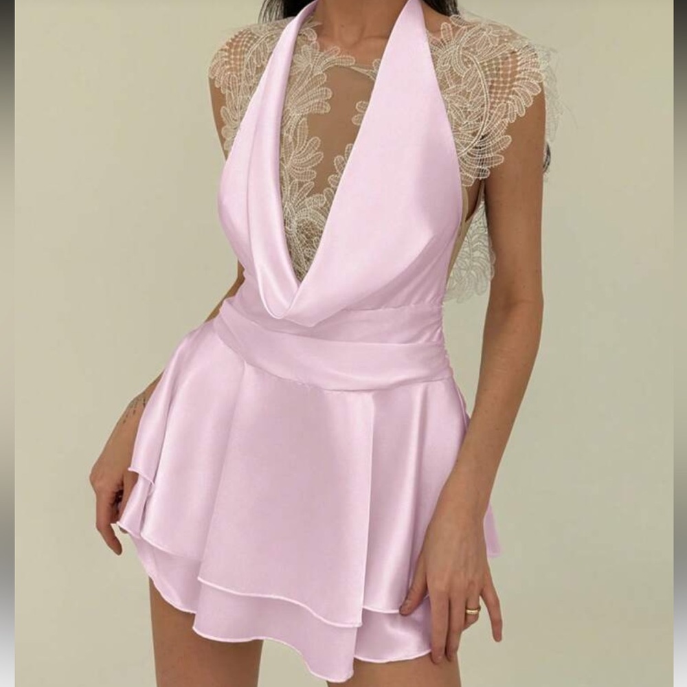 Satin Halter Mini Dress in Light Pink with Lace Insets